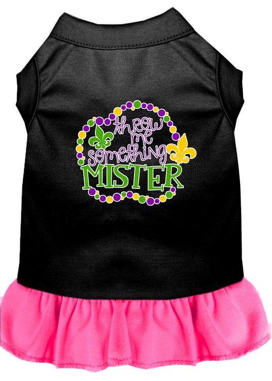 Throw me Something Screen Print Mardi Gras Dog Dress Black with Bright Pink Med